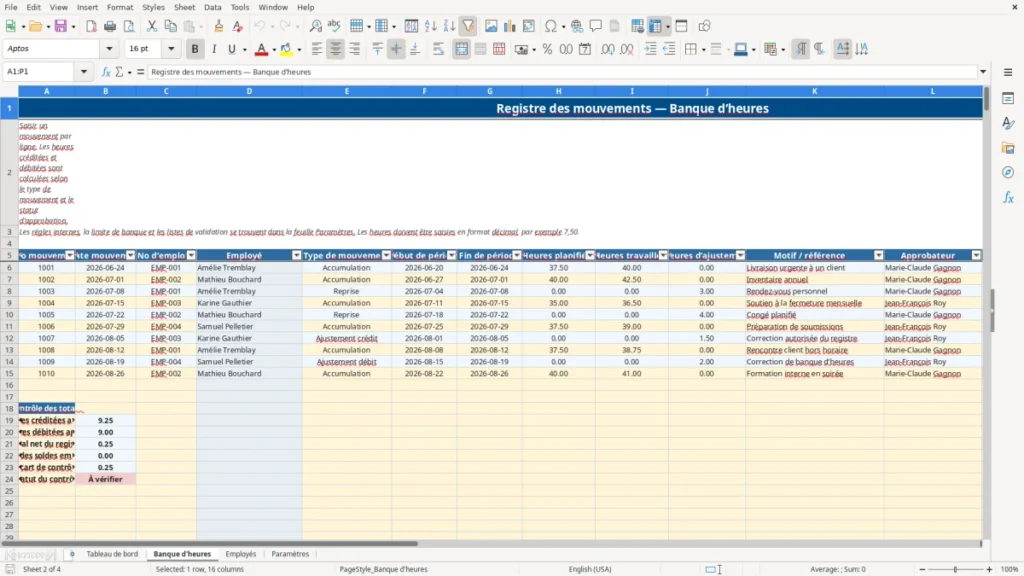 Aperçu de la feuille Banque d'heures du modèle Banque d’heures PME Québec : Modèle Excel Gratuit 2026