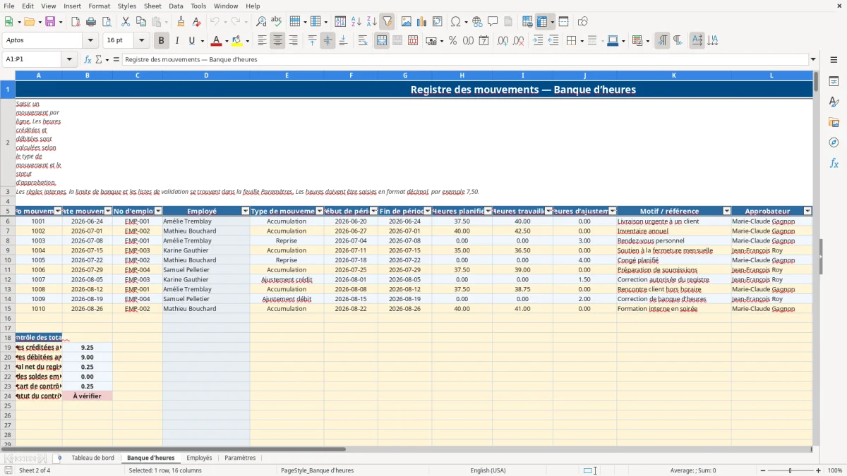 Capture 2 : feuille Banque d'heures — modèle Excel banque d'heures Québec