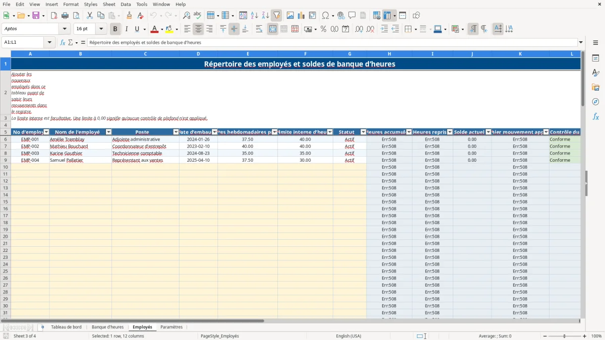 Capture 3 : feuille Employés — modèle Excel banque d'heures Québec