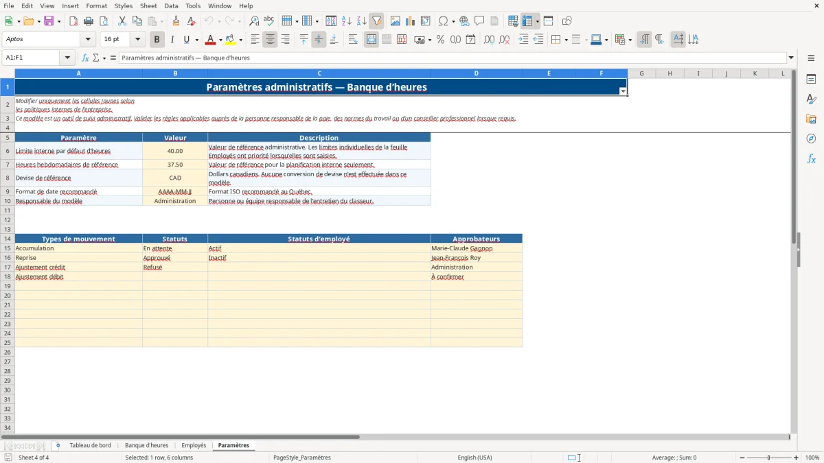Capture 4 : feuille Paramètres — modèle Excel banque d'heures Québec