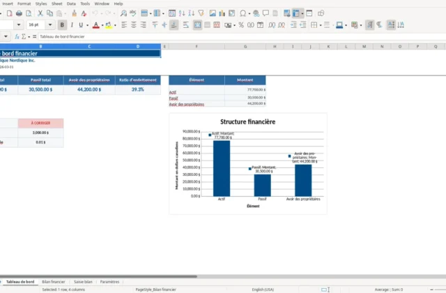 Capture 1 : feuille Tableau de bord — modèle Excel bilan financier simplifié PME