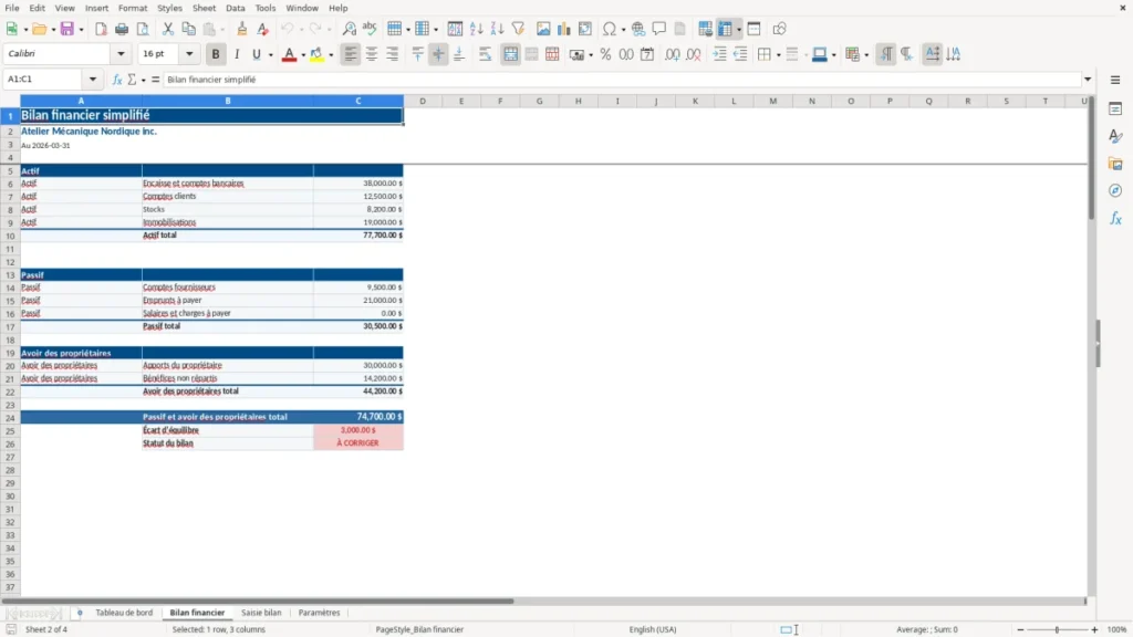 Aperçu de la feuille Bilan financier du modèle Bilan financier simplifié PME Québec : Modèle Excel Gratuit 2026