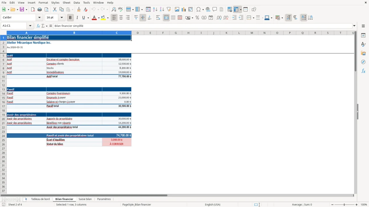 Capture 2 : feuille Bilan financier — modèle Excel bilan financier simplifié PME