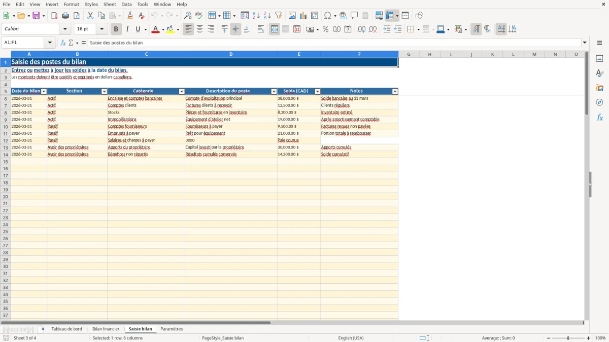 Capture 3 : feuille Saisie bilan — modèle Excel bilan financier simplifié PME