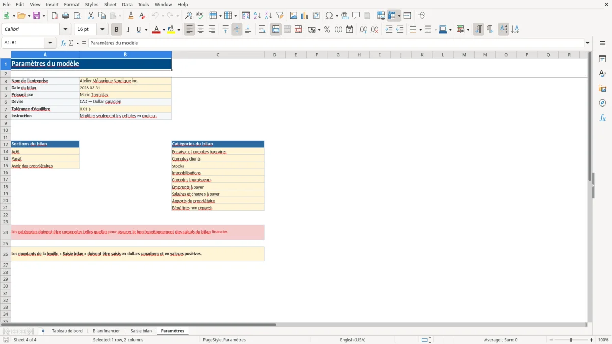 Capture 4 : feuille Paramètres — modèle Excel bilan financier simplifié PME