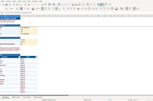 Capture 1 : feuille Paramètres — modèle Excel budget annuel PME Québec