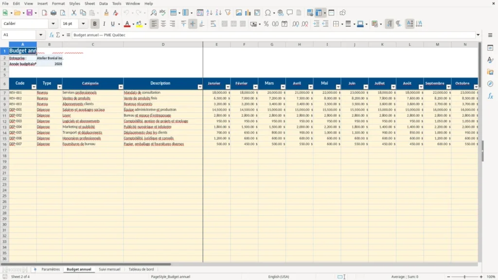 Aperçu de la feuille Budget annuel du modèle Budget annuel PME Québec : Modèle Excel Gratuit 2026