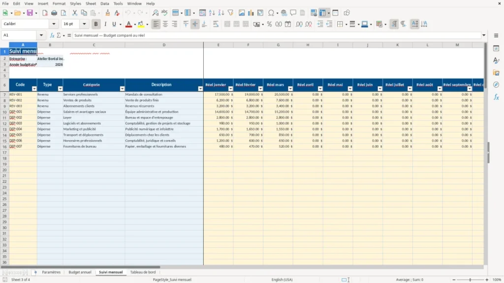 Aperçu de la feuille Suivi mensuel du modèle Budget annuel PME Québec : Modèle Excel Gratuit 2026