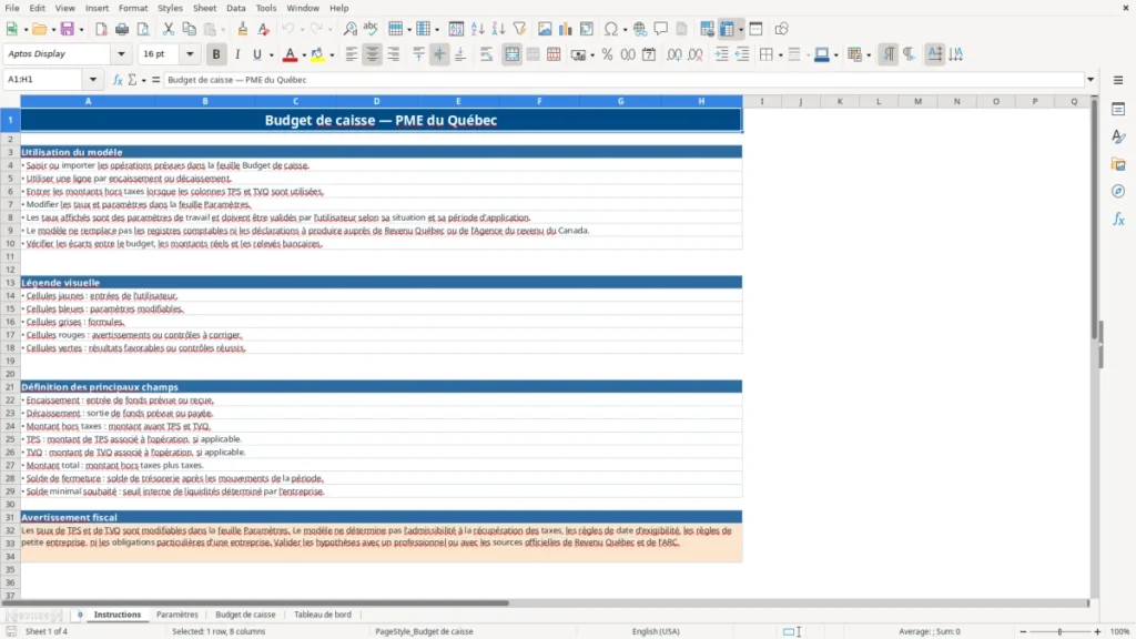 Aperçu de la feuille Instructions du modèle Budget de caisse PME Québec : Modèle Excel Gratuit 2026