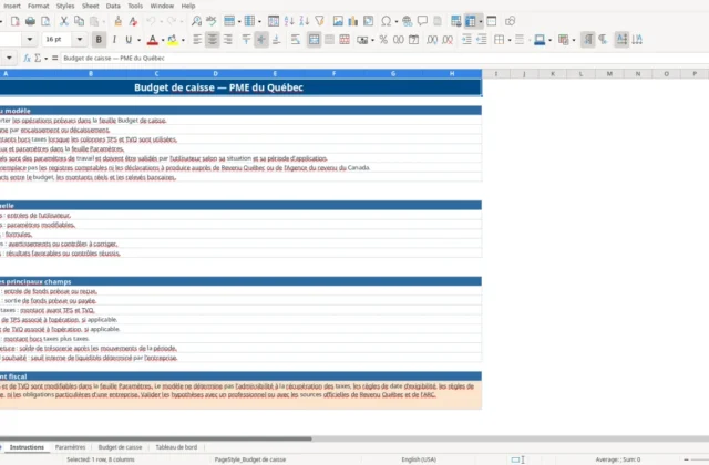 Capture 1 : feuille Instructions — modèle Excel budget de caisse PME Québec