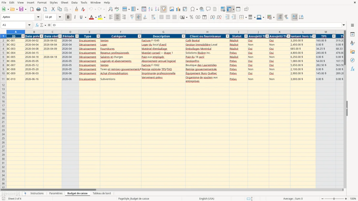Capture 3 : feuille Budget de caisse — modèle Excel budget de caisse PME Québec
