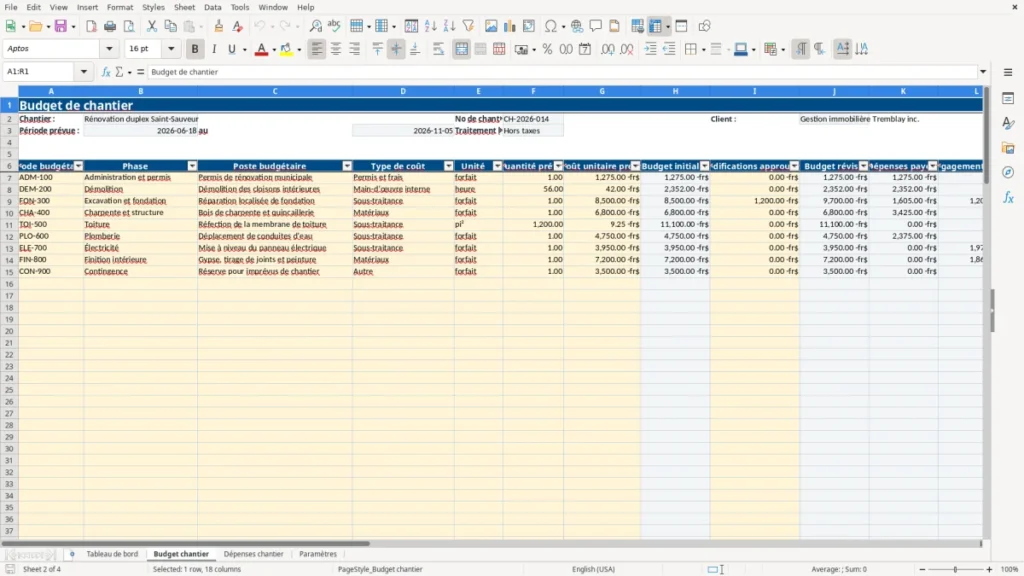 Aperçu de la feuille Budget chantier du modèle Budget de chantier Québec : Modèle Excel Gratuit 2026