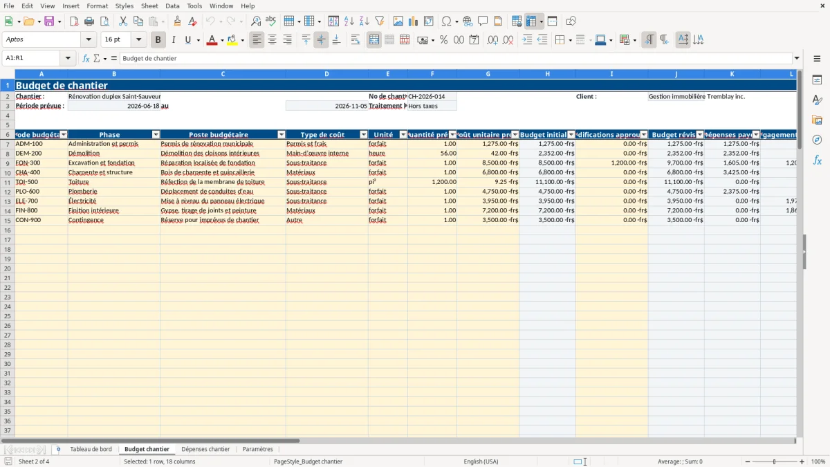 Capture 2 : feuille Budget chantier — modèle Excel budget de chantier Québec