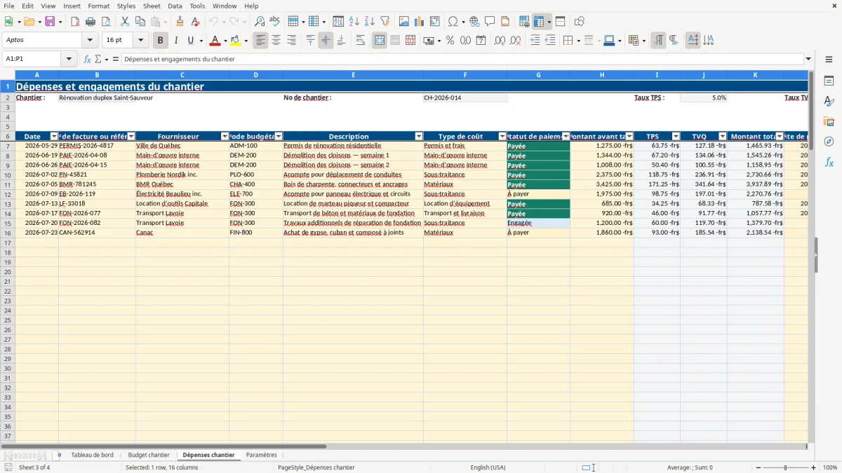Capture 3 : feuille Dépenses chantier — modèle Excel budget de chantier Québec