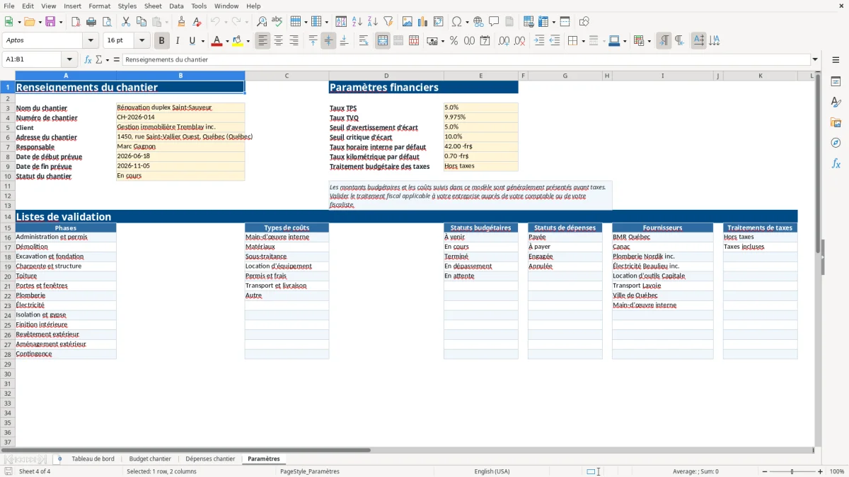 Capture 4 : feuille Paramètres — modèle Excel budget de chantier Québec
