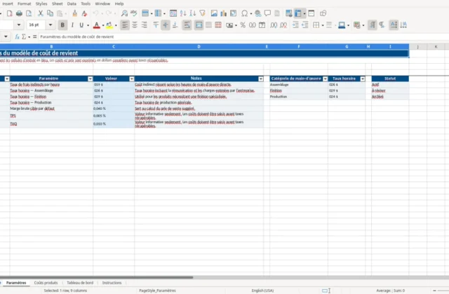 Capture 1 : feuille Paramètres — modèle Excel calcul coût de revient produit