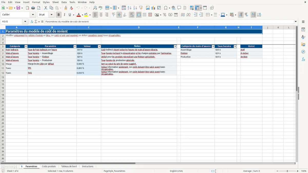 Capture 1 : feuille Paramètres — modèle Excel calcul coût de revient produit