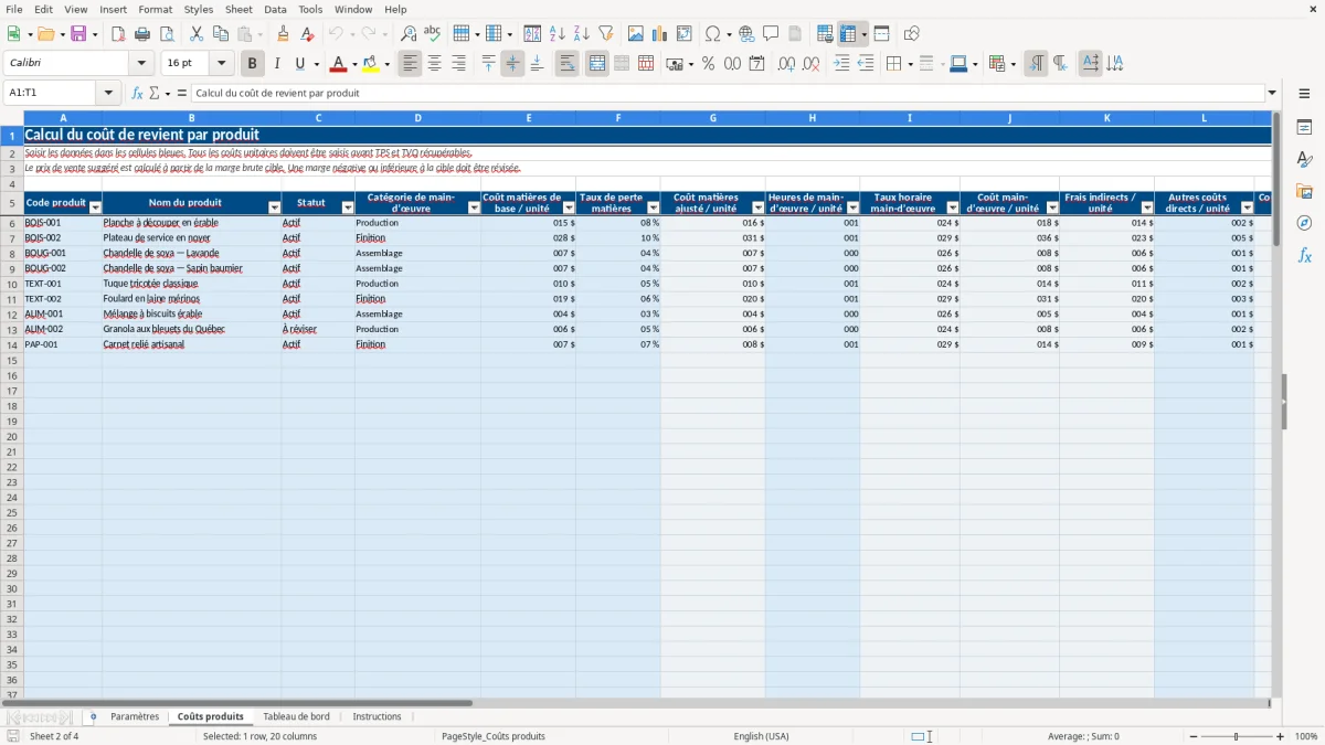 Capture 2 : feuille Coûts produits — modèle Excel calcul coût de revient produit