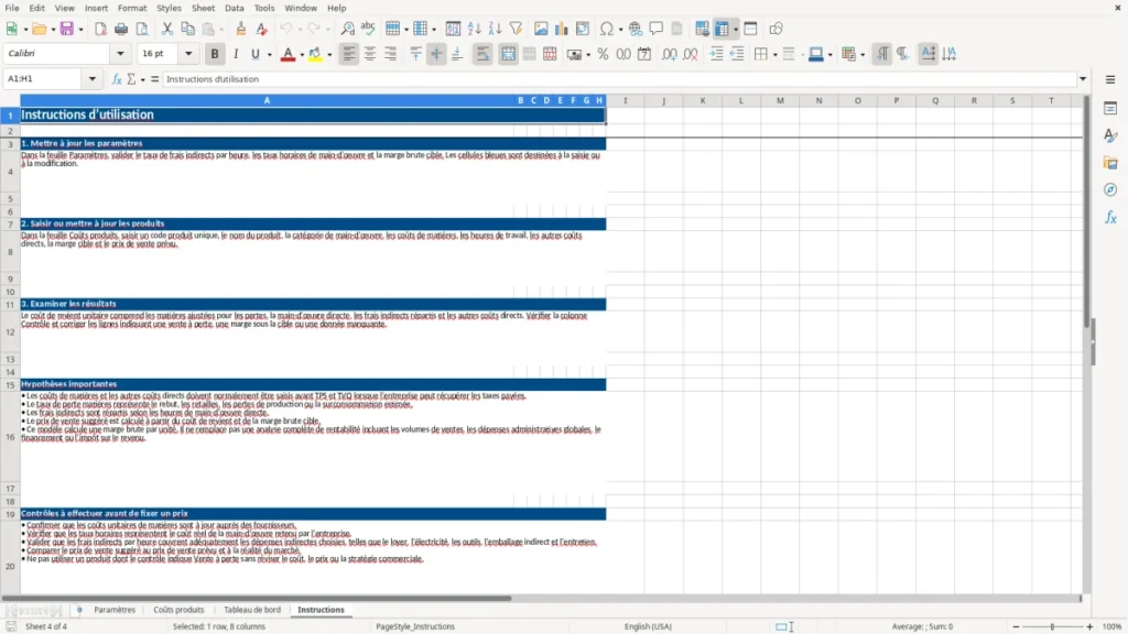 Aperçu de la feuille Instructions du modèle Coût de revient produit : Modèle Excel Gratuit 2026