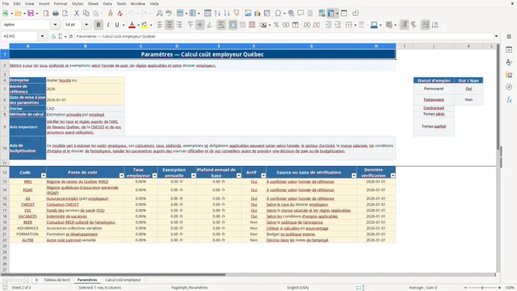 Aperçu de la feuille Paramètres du modèle Calcul coût employeur Québec : Modèle Excel Gratuit 2026