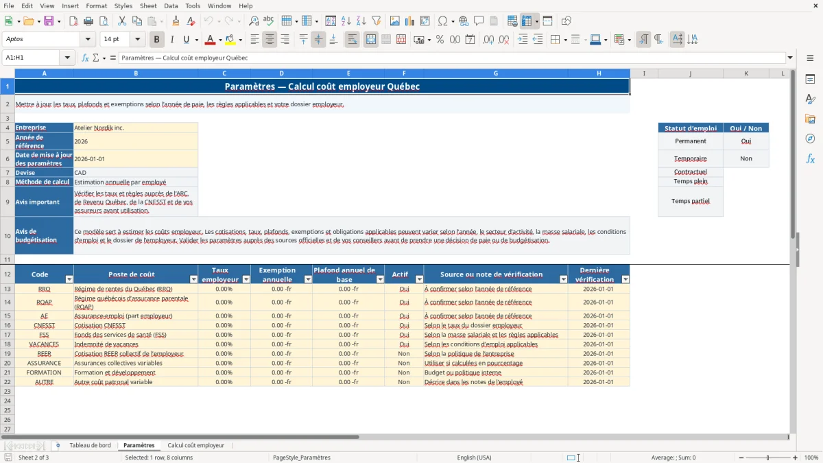 Capture 2 : feuille Paramètres — modèle Excel calcul coût employeur Québec