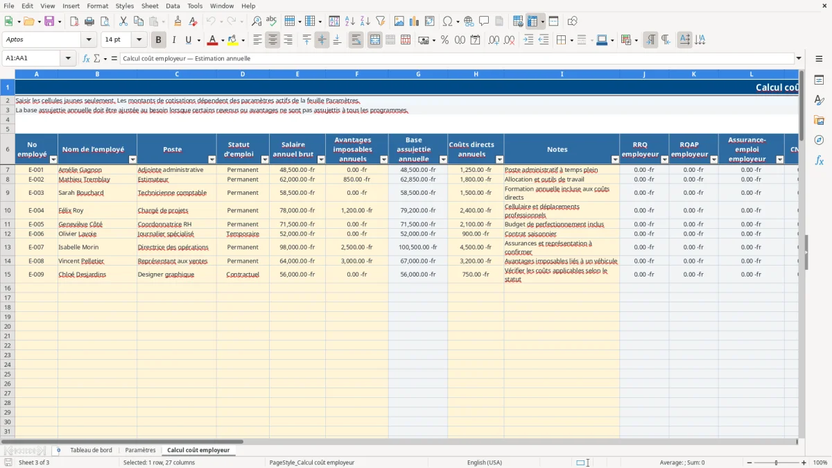 Capture 3 : feuille Calcul coût employeur — modèle Excel calcul coût employeur Québec