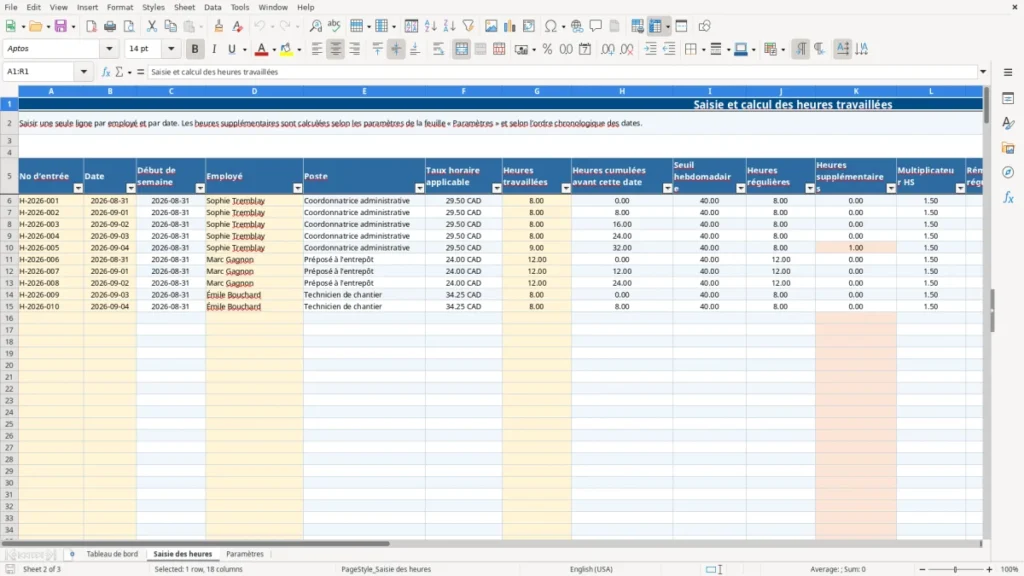 Aperçu de la feuille Saisie des heures du modèle Calcul des heures supplémentaires Québec : Modèle Excel Gratuit 2026