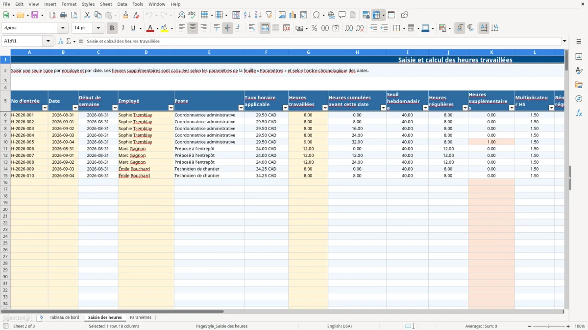 Capture 2 : feuille Saisie des heures — modèle Excel calcul heures supplémentaires Québec