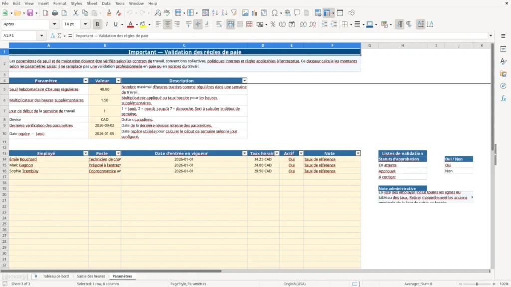 Aperçu de la feuille Paramètres du modèle Calcul des heures supplémentaires Québec : Modèle Excel Gratuit 2026