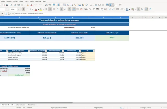 Capture 1 : feuille Tableau de bord — modèle Excel calcul indemnité vacances 4 pour cent Québec