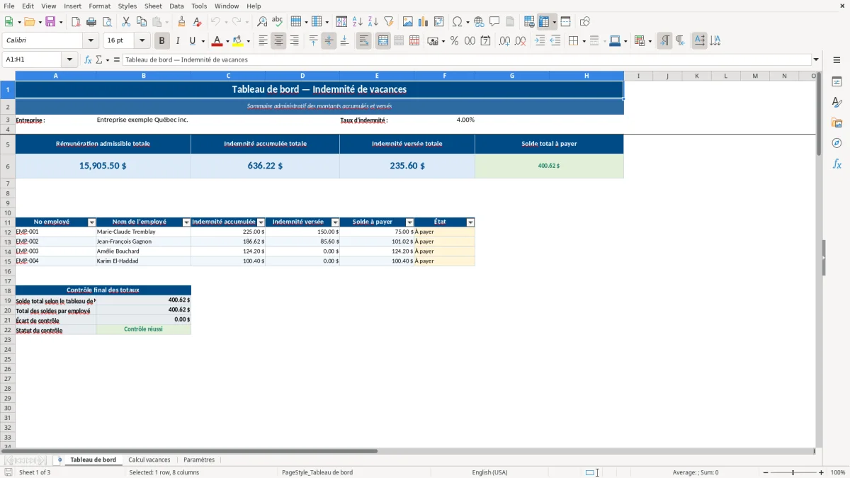 Capture 1 : feuille Tableau de bord — modèle Excel calcul indemnité vacances 4 pour cent Québec