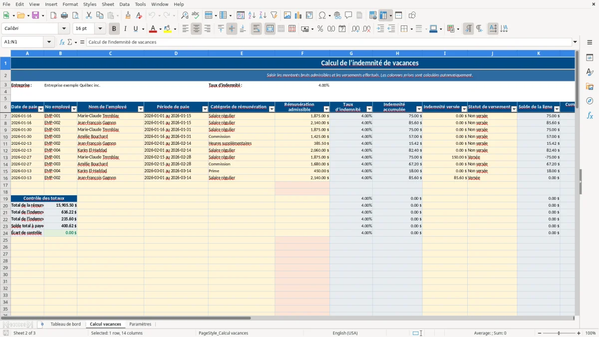 Capture 2 : feuille Calcul vacances — modèle Excel calcul indemnité vacances 4 pour cent Québec