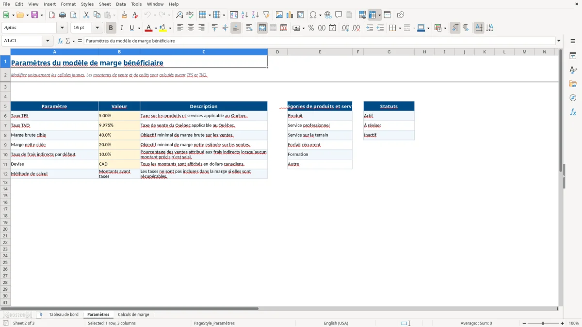 Capture 2 : feuille Paramètres — modèle Excel calcul marge bénéficiaire PME