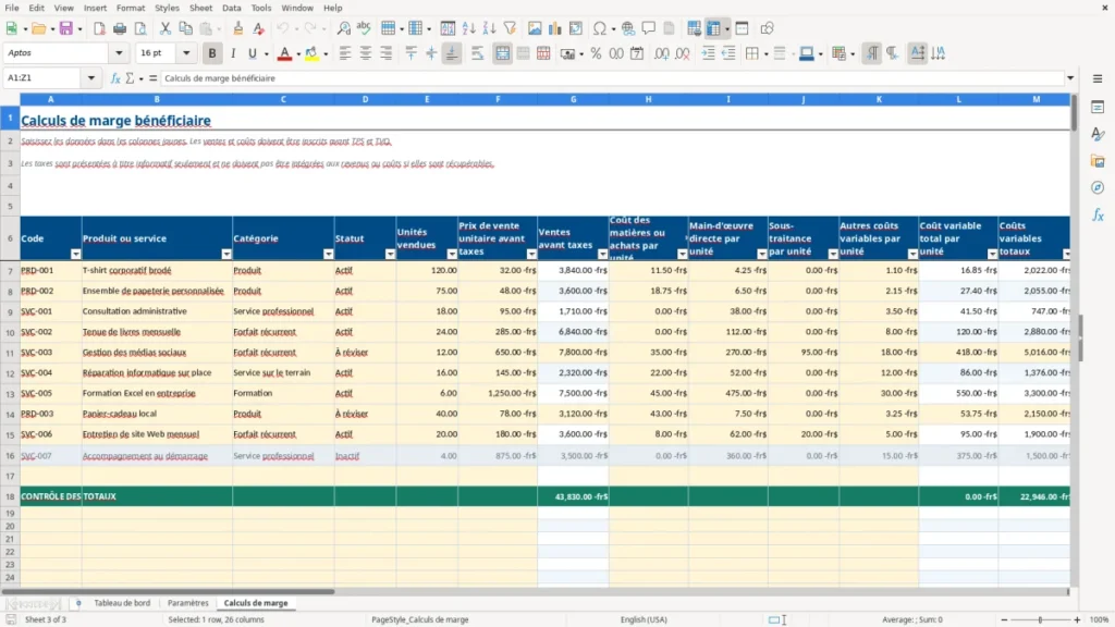 Aperçu de la feuille Calculs de marge du modèle Calcul de marge bénéficiaire PME Québec : Modèle Excel Gratuit 2026