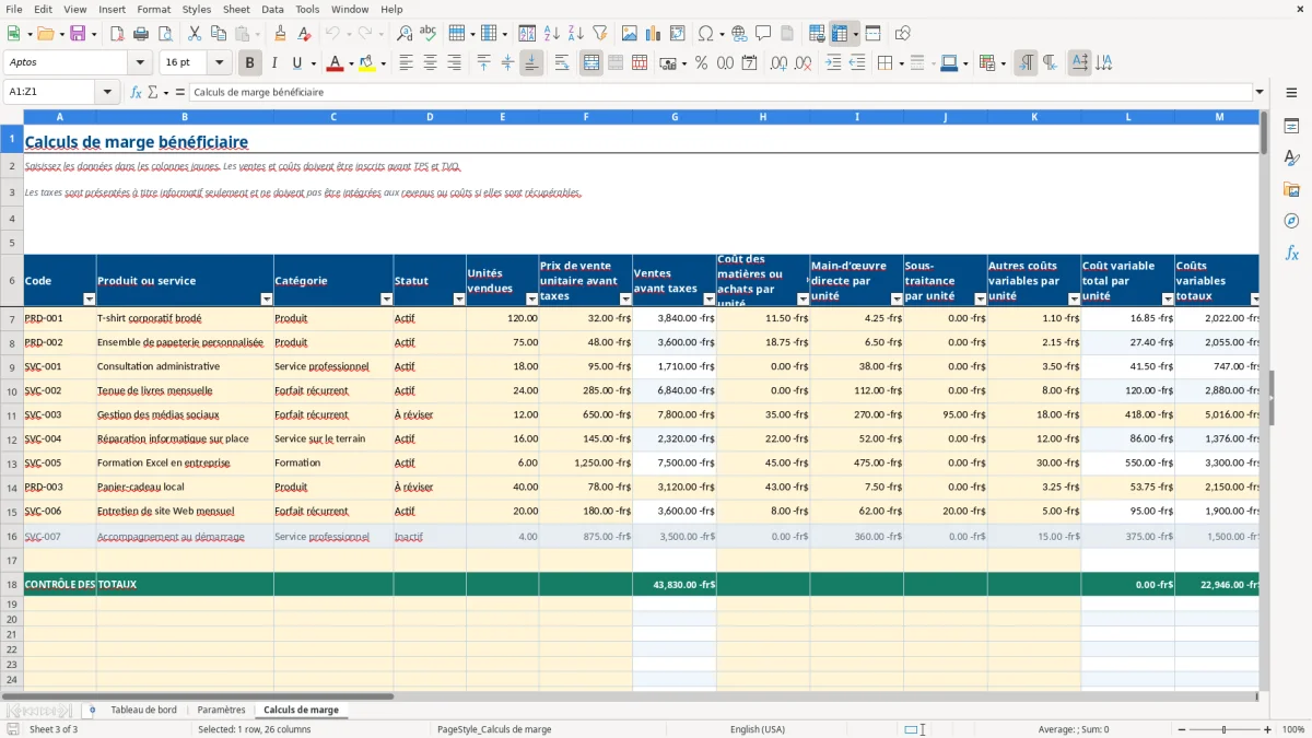 Capture 3 : feuille Calculs de marge — modèle Excel calcul marge bénéficiaire PME