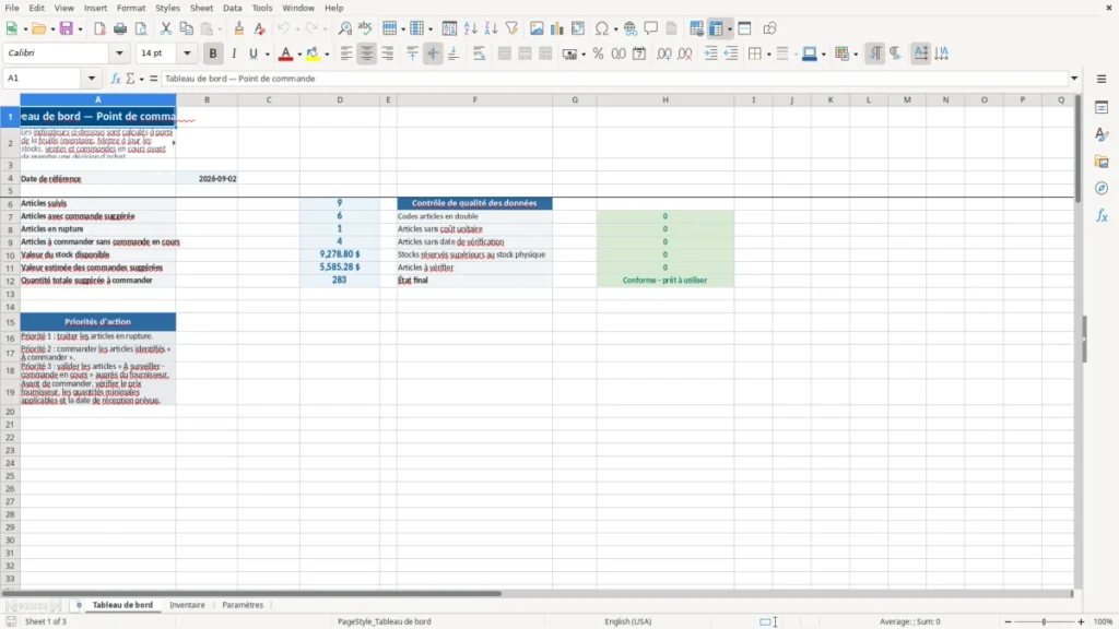 Aperçu de la feuille Tableau de bord du modèle Point de commande PME Québec : Modèle Excel Gratuit 2026