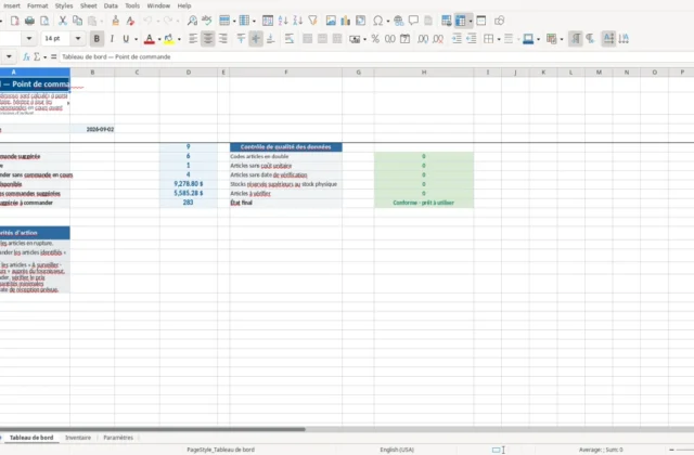 Capture 1 : feuille Tableau de bord — modèle Excel calcul point de commande