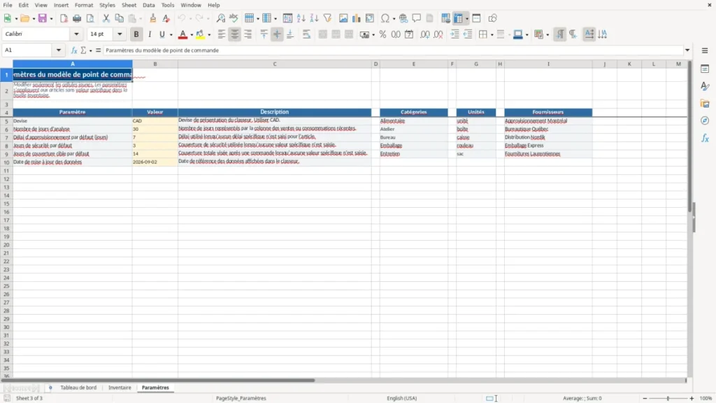 Aperçu de la feuille Paramètres du modèle Point de commande PME Québec : Modèle Excel Gratuit 2026