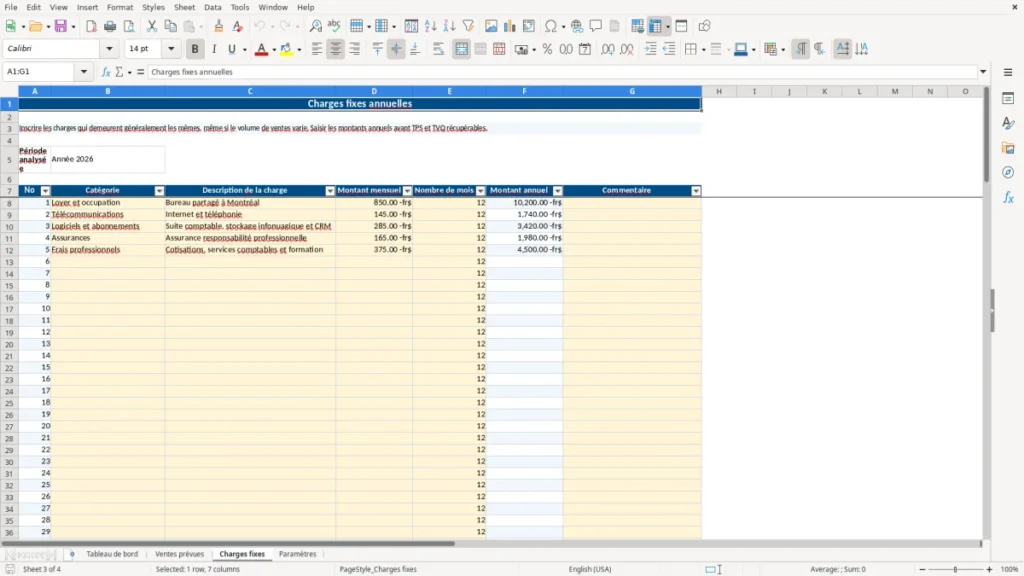 Aperçu de la feuille Charges fixes du modèle Seuil de rentabilité PME Québec : Modèle Excel Gratuit 2026