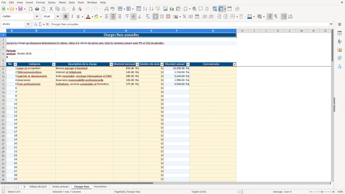 Capture 3 : feuille Charges fixes — modèle Excel calcul seuil de rentabilité Québec