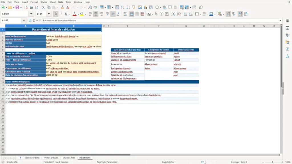 Aperçu de la feuille Paramètres du modèle Seuil de rentabilité PME Québec : Modèle Excel Gratuit 2026