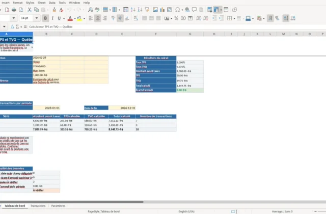 Capture 1 : feuille Tableau de bord — modèle Excel calculateur TPS TVQ Québec