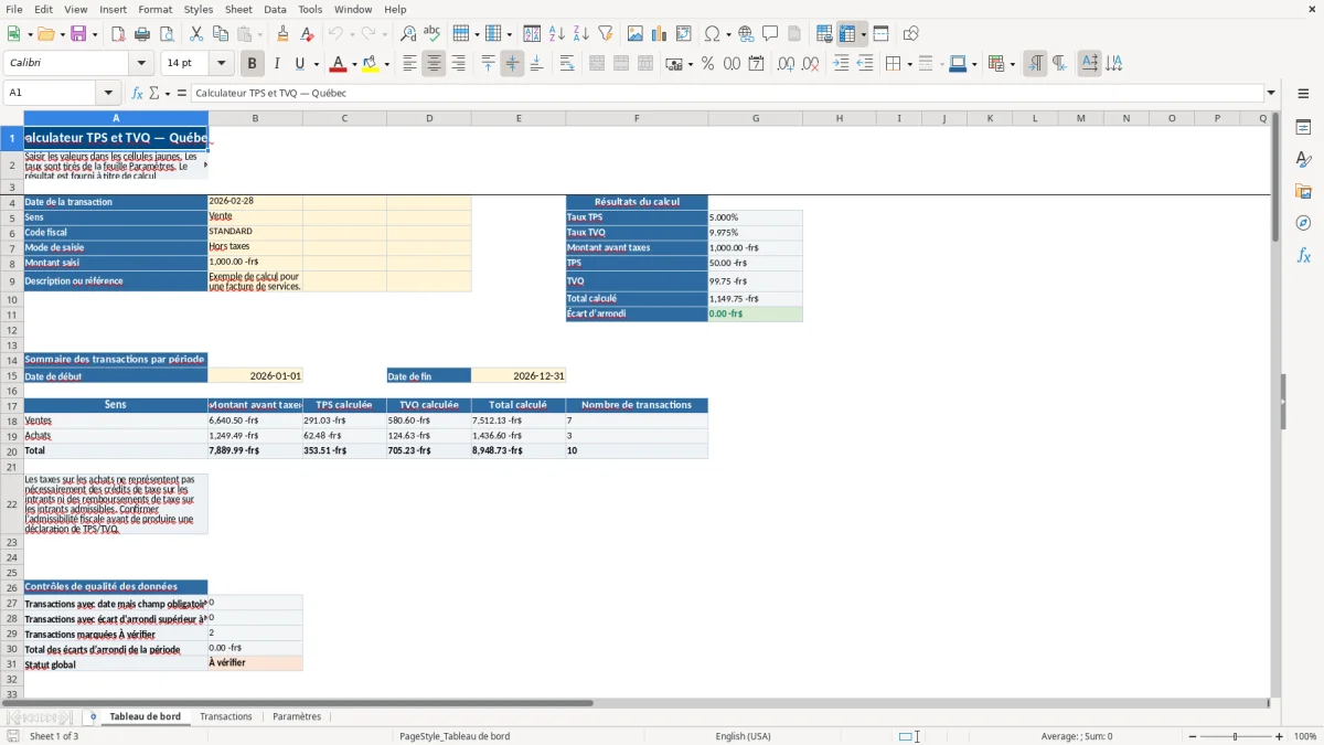Capture 1 : feuille Tableau de bord — modèle Excel calculateur TPS TVQ Québec