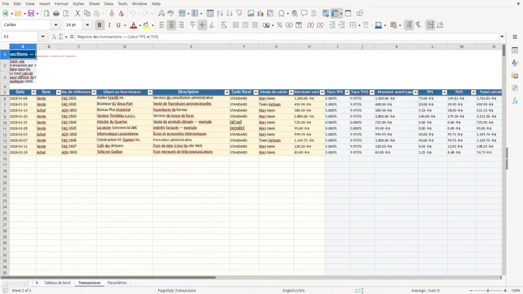 Aperçu de la feuille Transactions du modèle Calculateur TPS TVQ Québec : Modèle Excel Gratuit 2026
