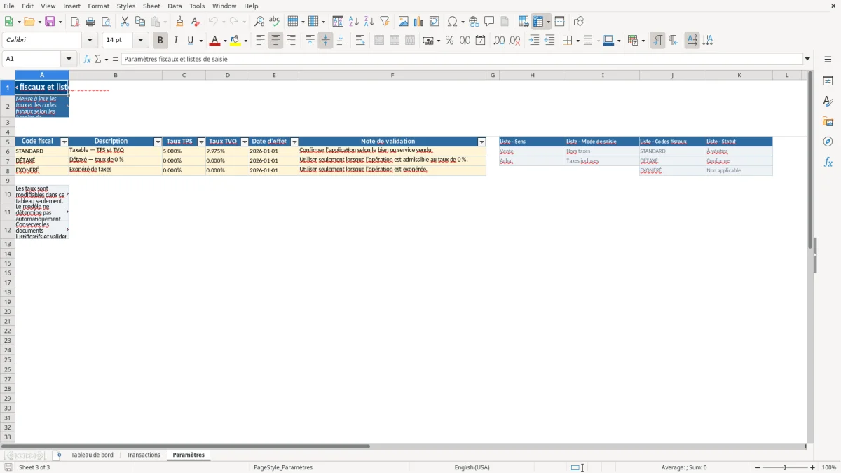 Capture 3 : feuille Paramètres — modèle Excel calculateur TPS TVQ Québec