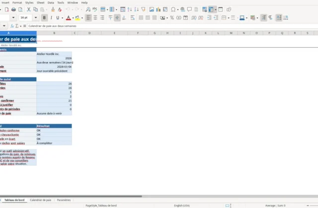Capture 1 : feuille Tableau de bord — modèle Excel calendrier de paie aux deux semaines