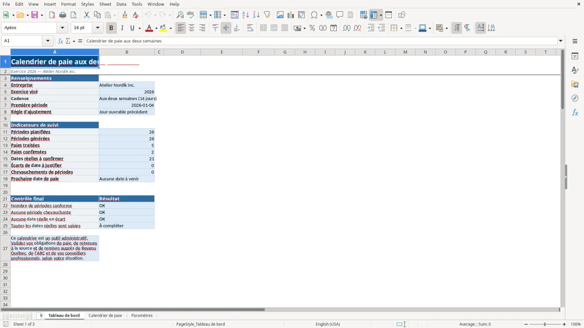 Capture 1 : feuille Tableau de bord — modèle Excel calendrier de paie aux deux semaines