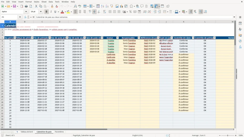 Aperçu de la feuille Calendrier de paie du modèle Calendrier de paie aux deux semaines : Modèle Excel Gratuit 2026
