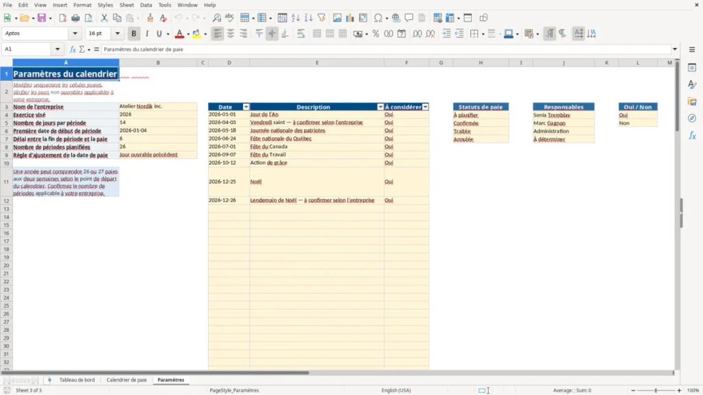 Aperçu de la feuille Paramètres du modèle Calendrier de paie aux deux semaines : Modèle Excel Gratuit 2026