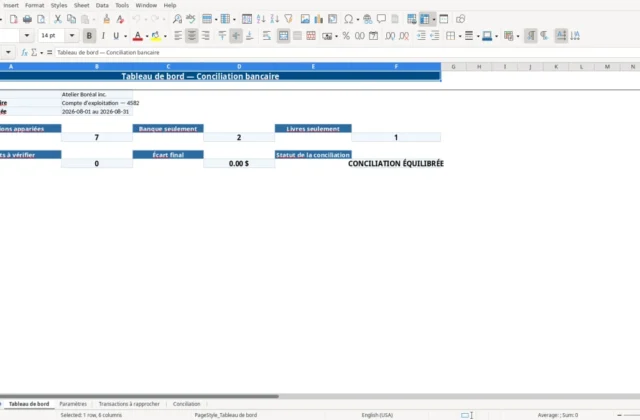 Capture 1 : feuille Tableau de bord — modèle Excel conciliation bancaire PME Québec